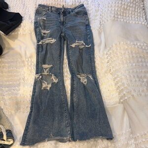 American Eagle Outfitters Distressed Flare Jeans - Blue